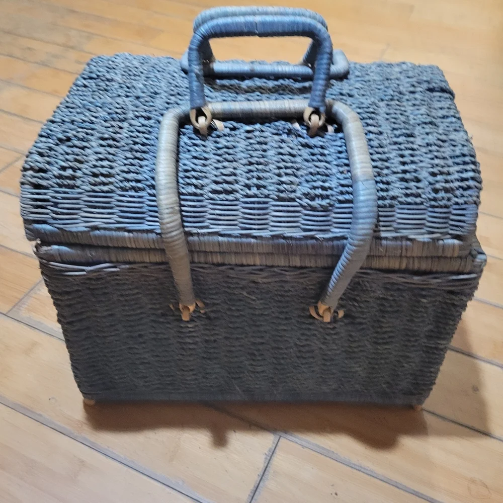 Large Vintage Fabric Lined Sun Bleached Teal Color Picnic Basket